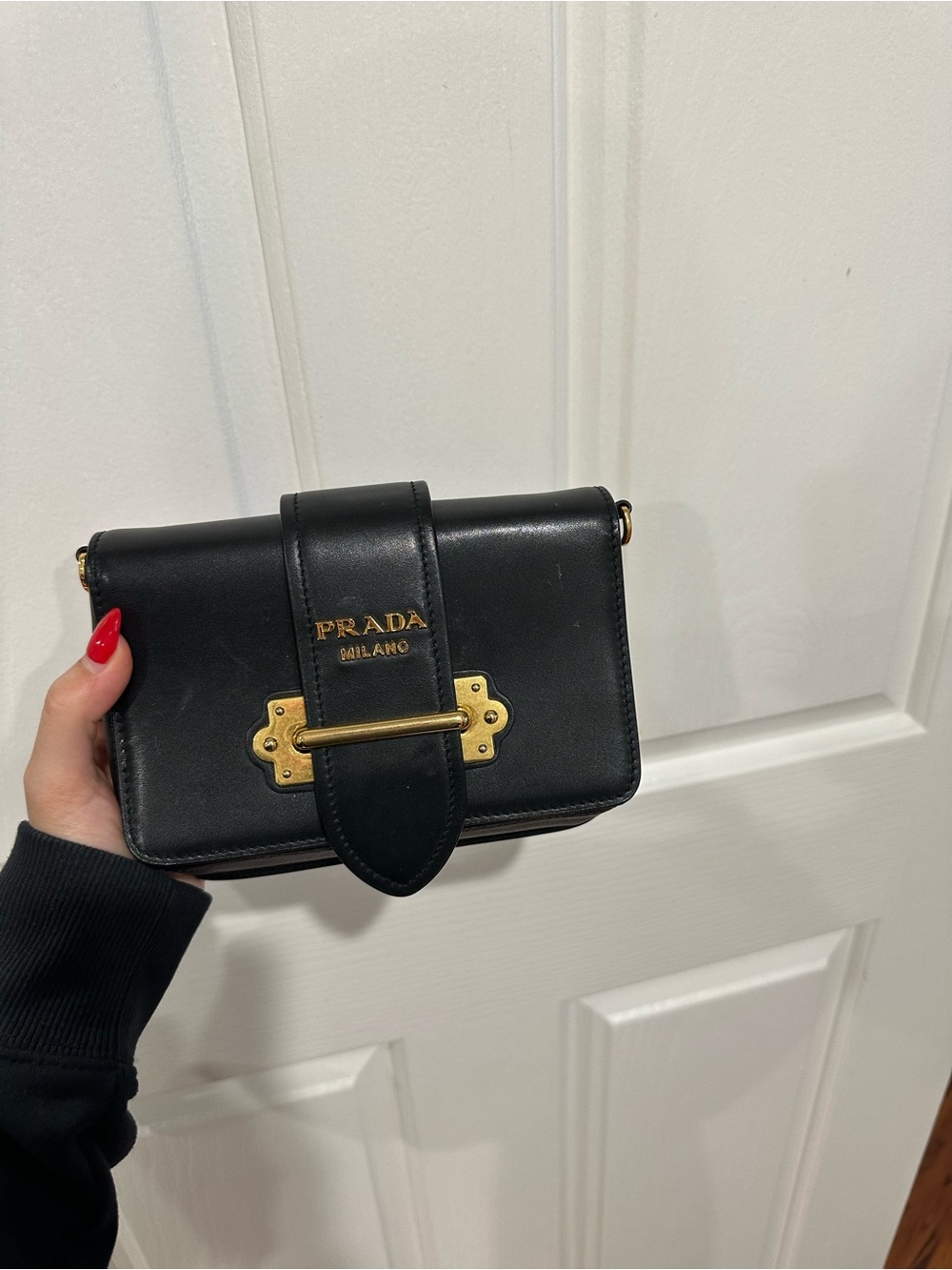 Prada Black Leather Crossbody with Gold Plate Detail